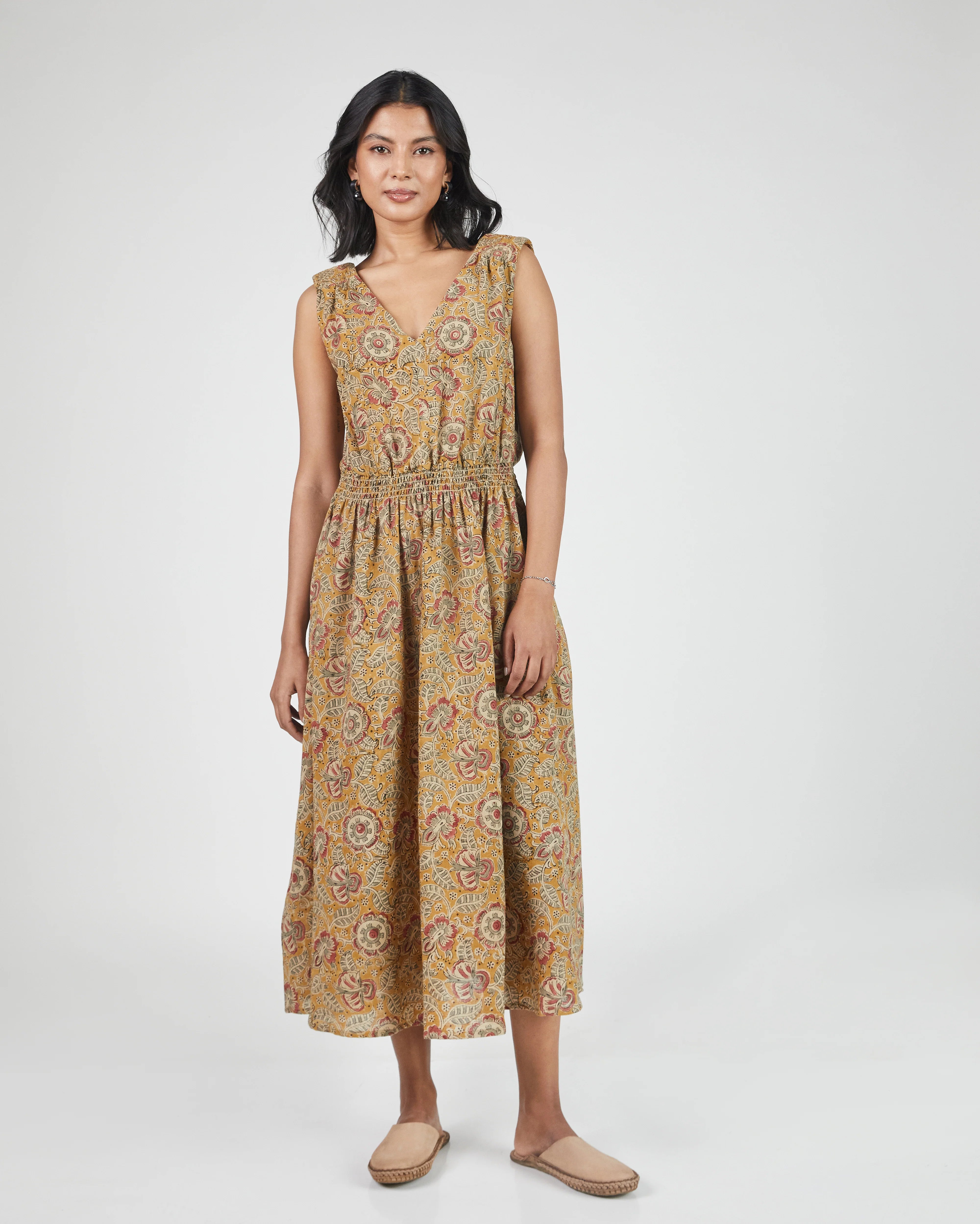 Umber & Ochre Eesha V Dress in Kalamkari Floral Yellow Sage