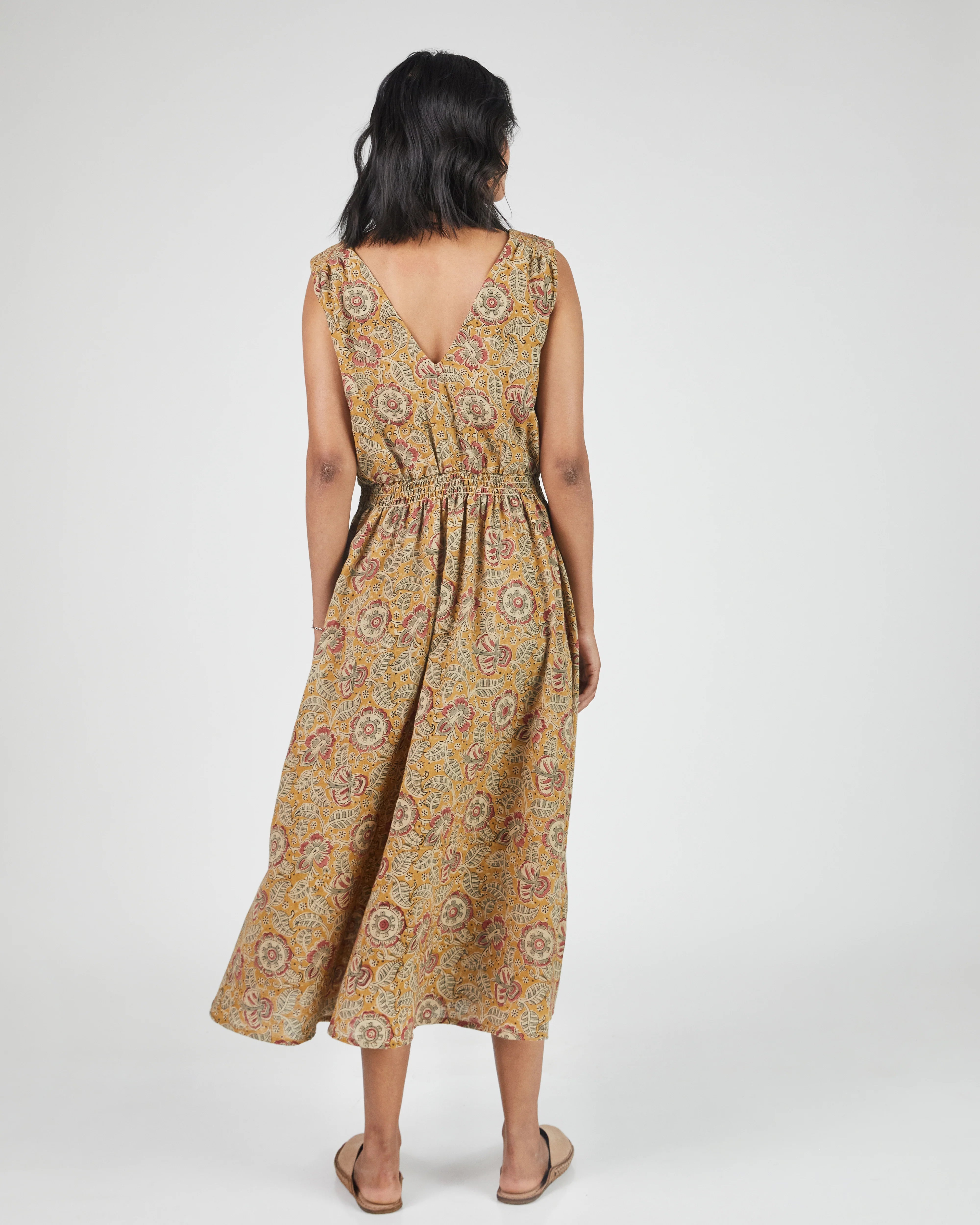 Umber & Ochre Eesha V Dress in Kalamkari Floral Yellow Sage