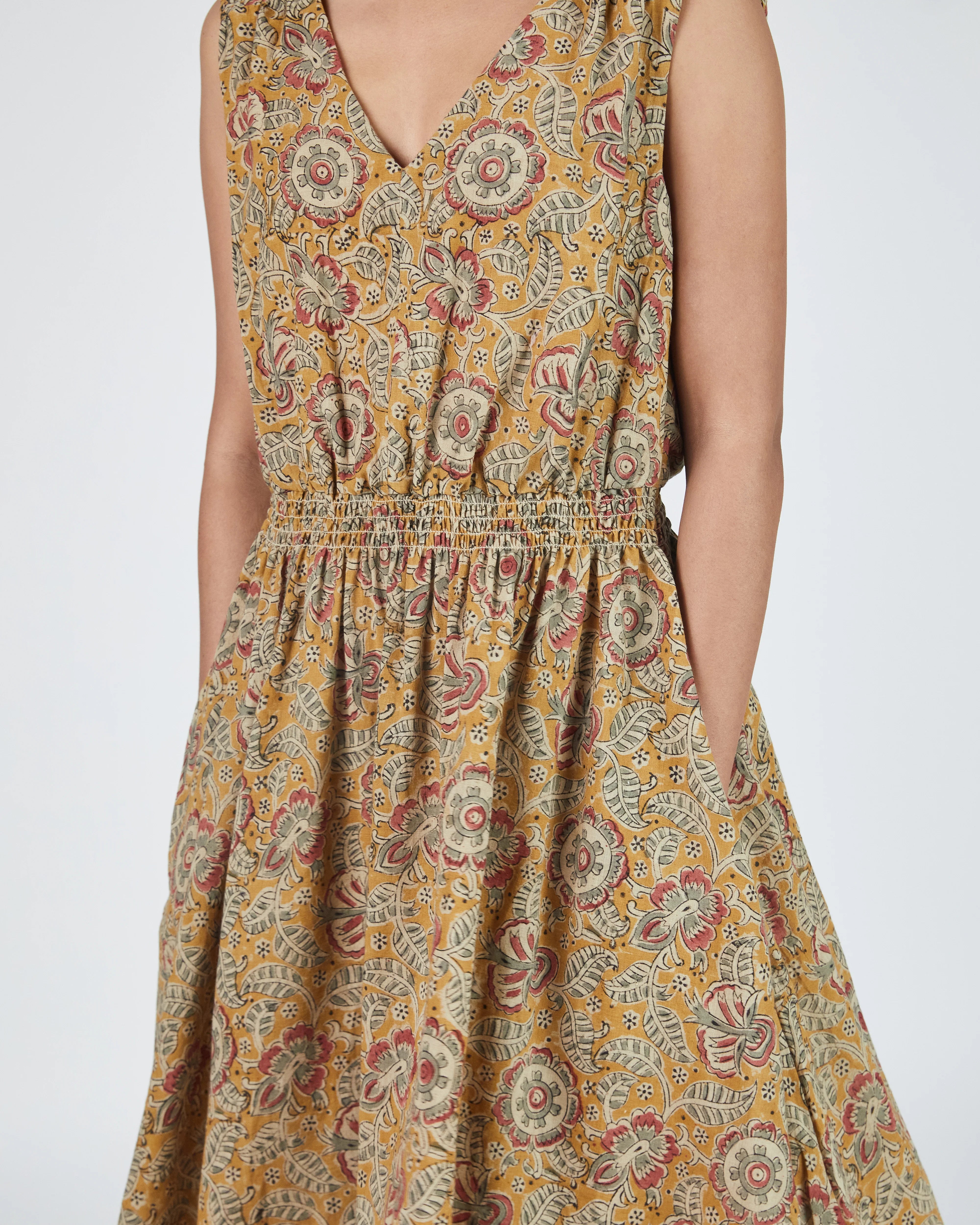 Umber & Ochre Eesha V Dress in Kalamkari Floral Yellow Sage