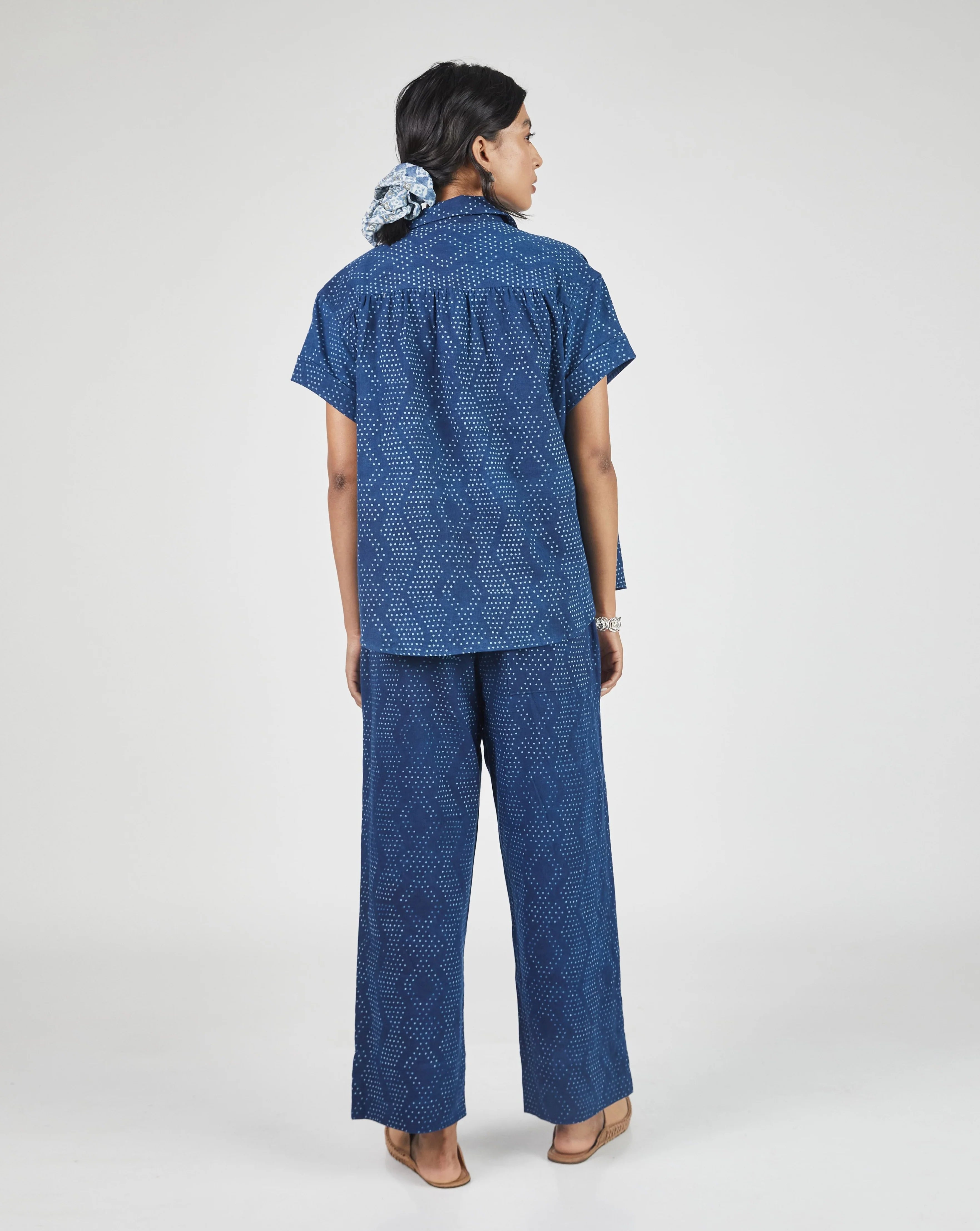 Umber & Ochre Meera SS Button Down Shirt Dot Print Indigo