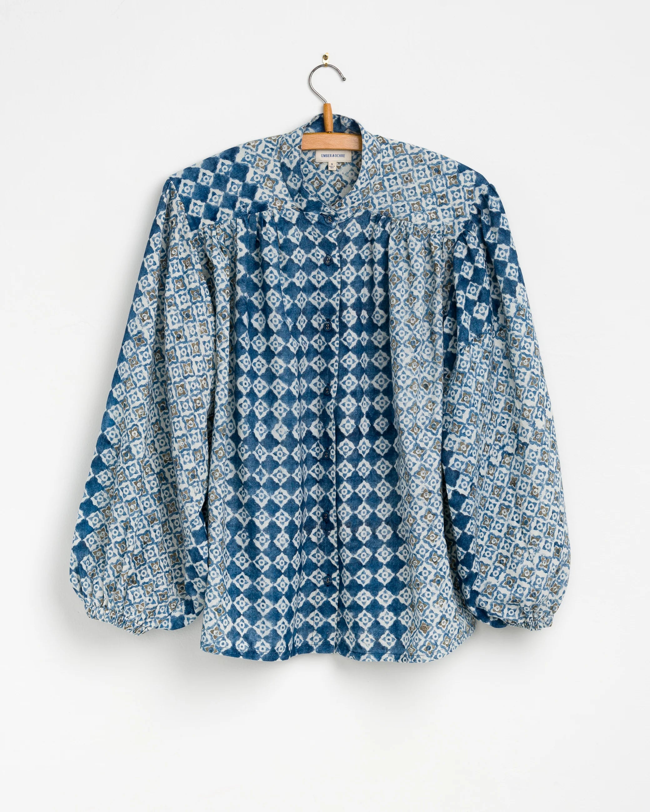 Umber & Ochre Sabrina Top in Engineered Tile Block Print Indigo