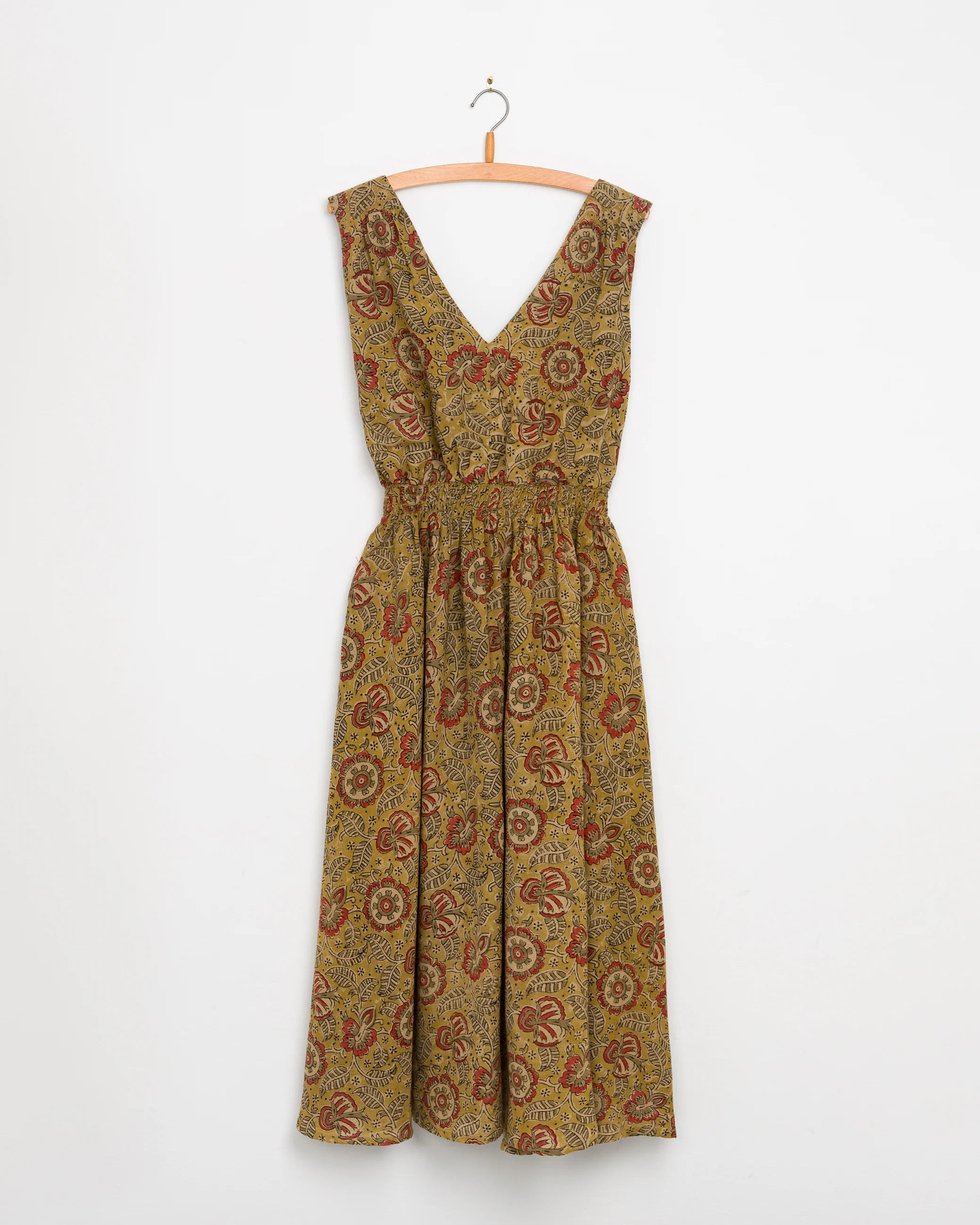 Umber & Ochre Eesha V Dress in Kalamkari Floral Yellow Sage